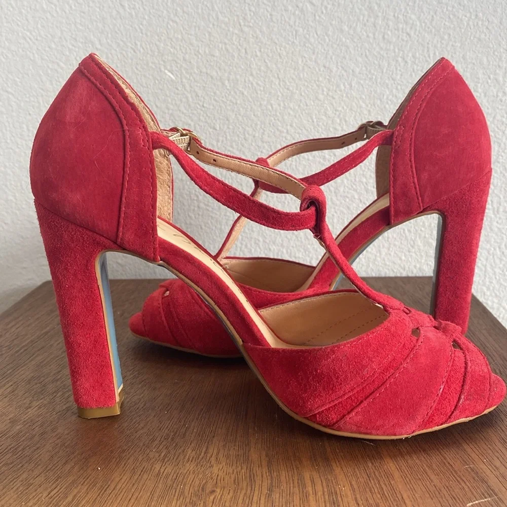 Luiza Barcelos Red Suede Blue Soled Strappy Heels, Brazil, Women’s 6 B